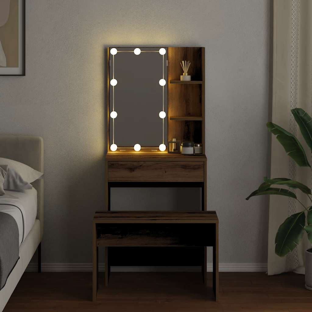 Dressing Table Set with LED Artisan Oak Engineered Wood