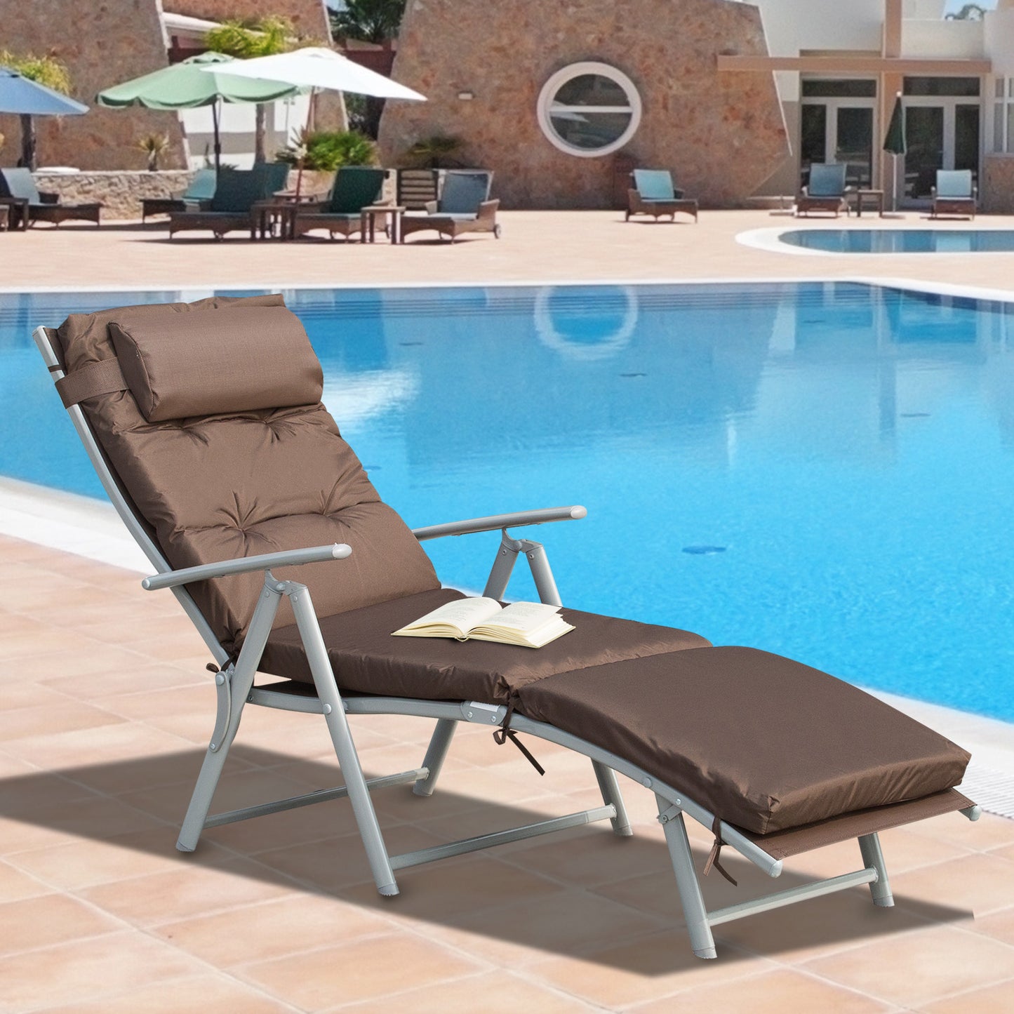 Outsunny Outdoor Patio Sun Lounger Garden Texteline Foldable Reclining Chair Pillow Adjustable Recliner with Cushion - Brown