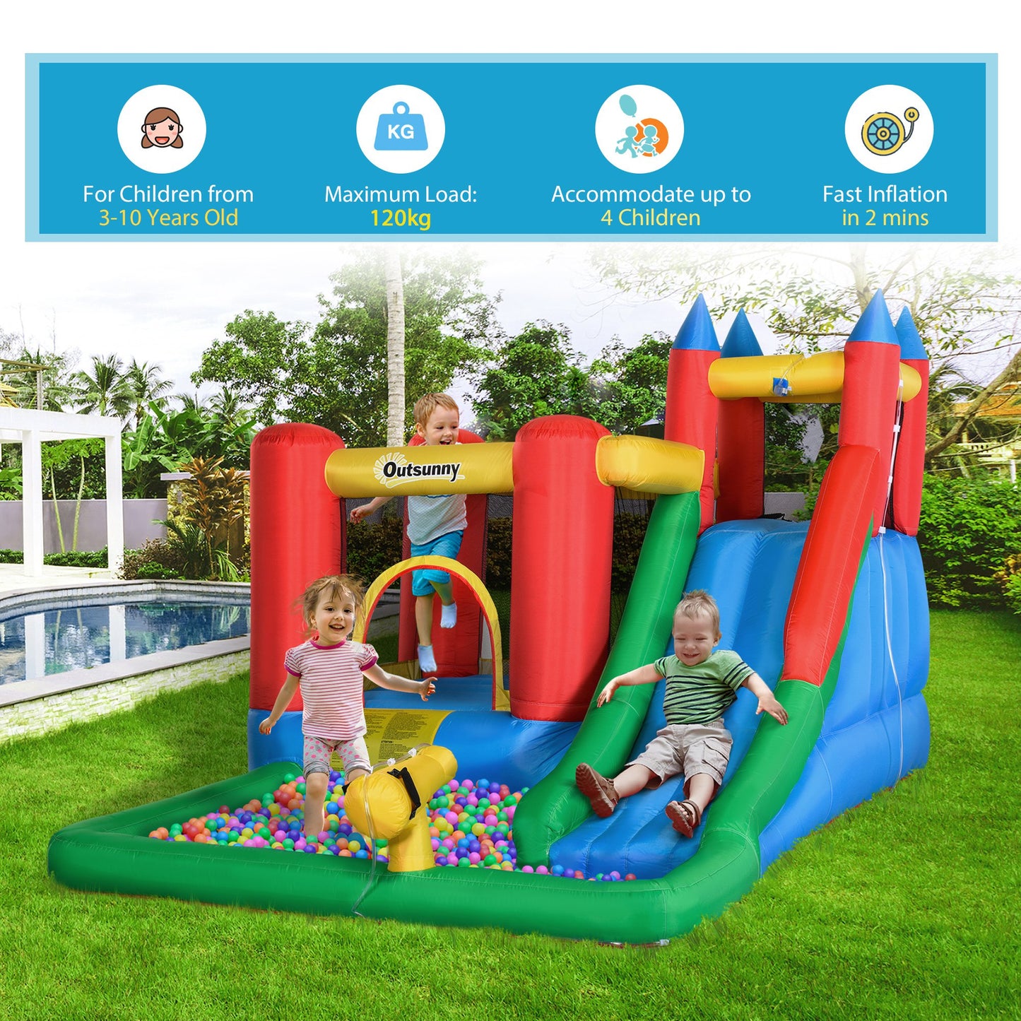 Outsunny Kids Inflatable Bouncy Castle Water Slide 6 In 1 Bounce House Jumping Castle Water Pool Gun Climbing Wall Basket With Air Blower For Summer Playland