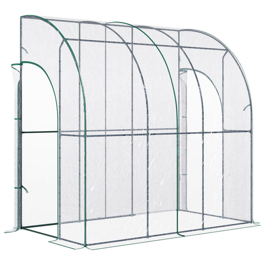 Outdoor Walk-In Lean to Wall Tunnel Greenhouse with Zippered Roll Up Door PVC Cover Sloping Top, Clear, Green 214cm x 118cm x 212cm-0