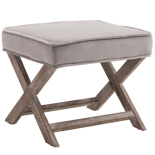 Homcom Vintage Footstool Padded Seat X Leg Chair Velvet Cover Shabby Chic Footrest Solid Rubber Wood 49.5 x 45 x 41 cm Grey