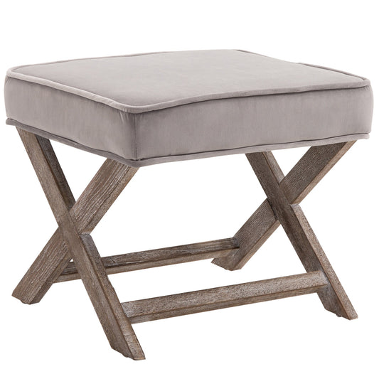 Vintage Footstool Padded Seat X Leg Chair Velvet Cover Shabby Chic Footrest Solid Rubber Wood 49.5 x 45 x 41 cm Grey-0