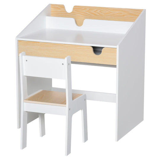 Kids Desk and Chair Set 2 Pieces Children Study Table with Storage Pull-Out Drawer Bookshelf for 3-6 Years Writing, Reading, Drawing-0