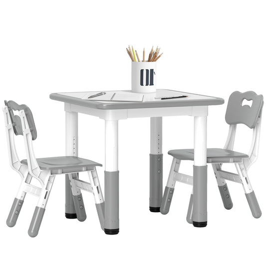 Height Adjustable Toddler Table and Chair Set, 3 Pcs Children Activity Table w/ 2 Chairs, for Playroom, Bedroom - Grey-0