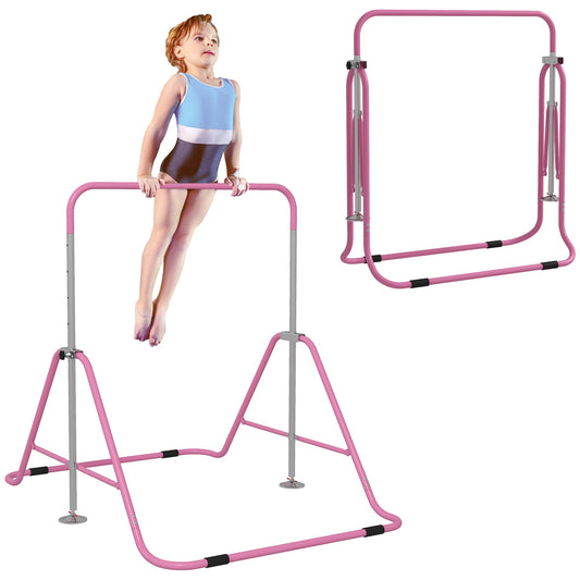 Kids Gymnastic Bar, with Adjustable Height, Foldable Horizontal Bars - Pink-0