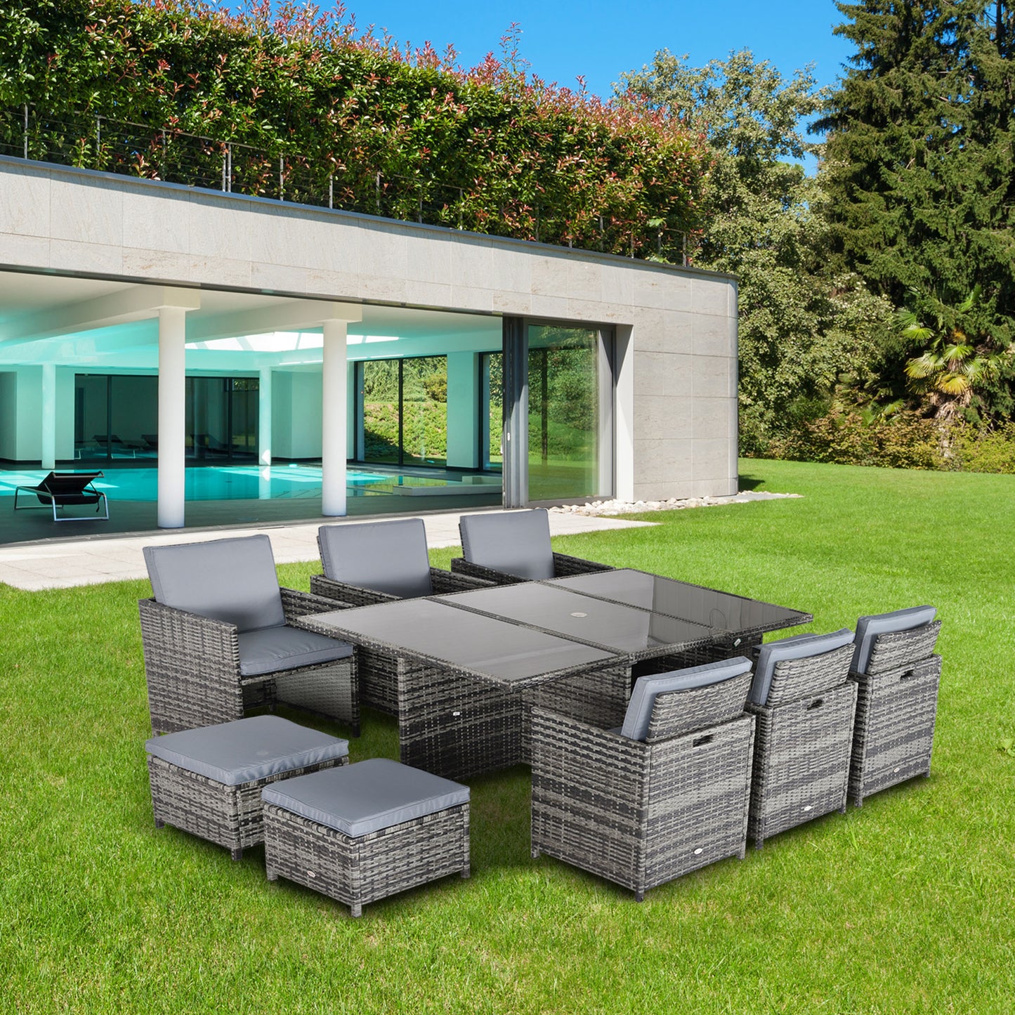 Outsunny Outdoor 11pc Rattan Garden Furniture Patio Dining Set 10-seater Cube Sofa Weave Wicker 6 Chairs 4 Footrests & 1 Table Mixed Grey