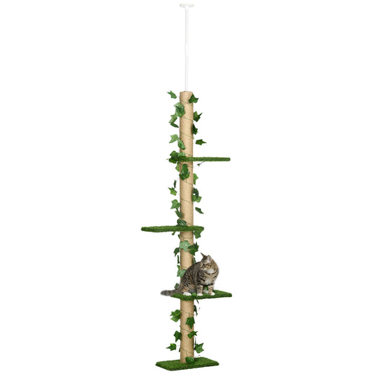 242cm Floor to Ceiling Cat Tree, Height Adjustable Kitten Tower with Anti-slip Kit, Highly Simulated Multi-Layer Activity Center Green-0