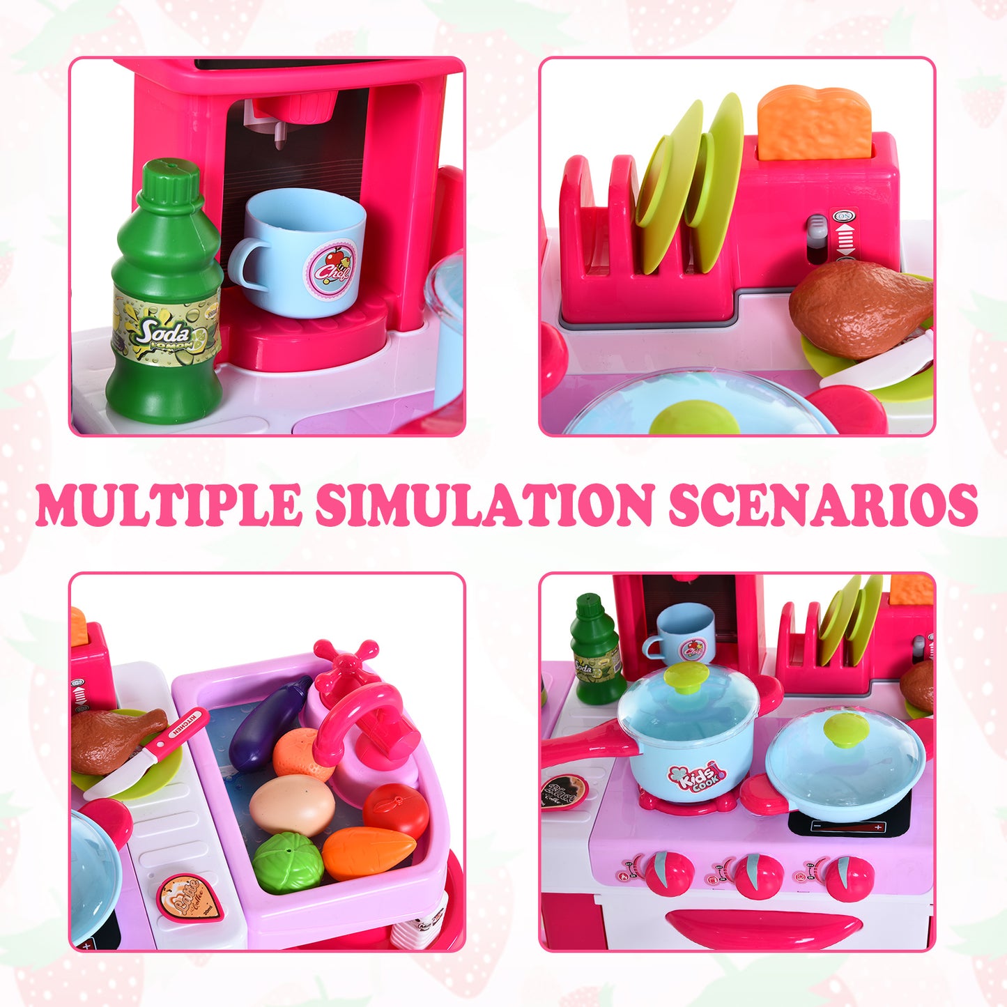 Homcom Kids 38-Piece Plastic Kitchen Play Set w/ Light & Sound Effects Pink