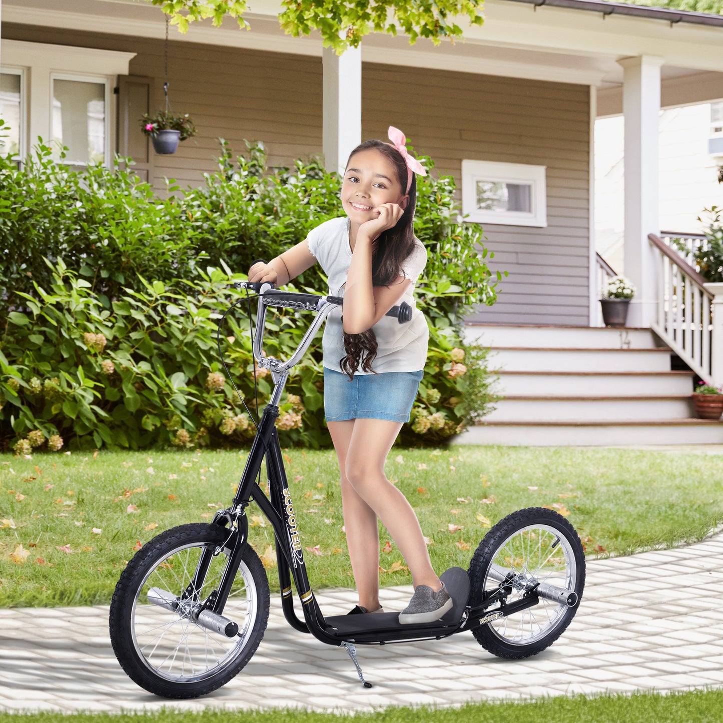 Homcom Teen Push Scooter Kids Children Stunt Scooter for 5+ Years with 16 Inches Wheels Adjustable Height Front Rear Dual Brakes