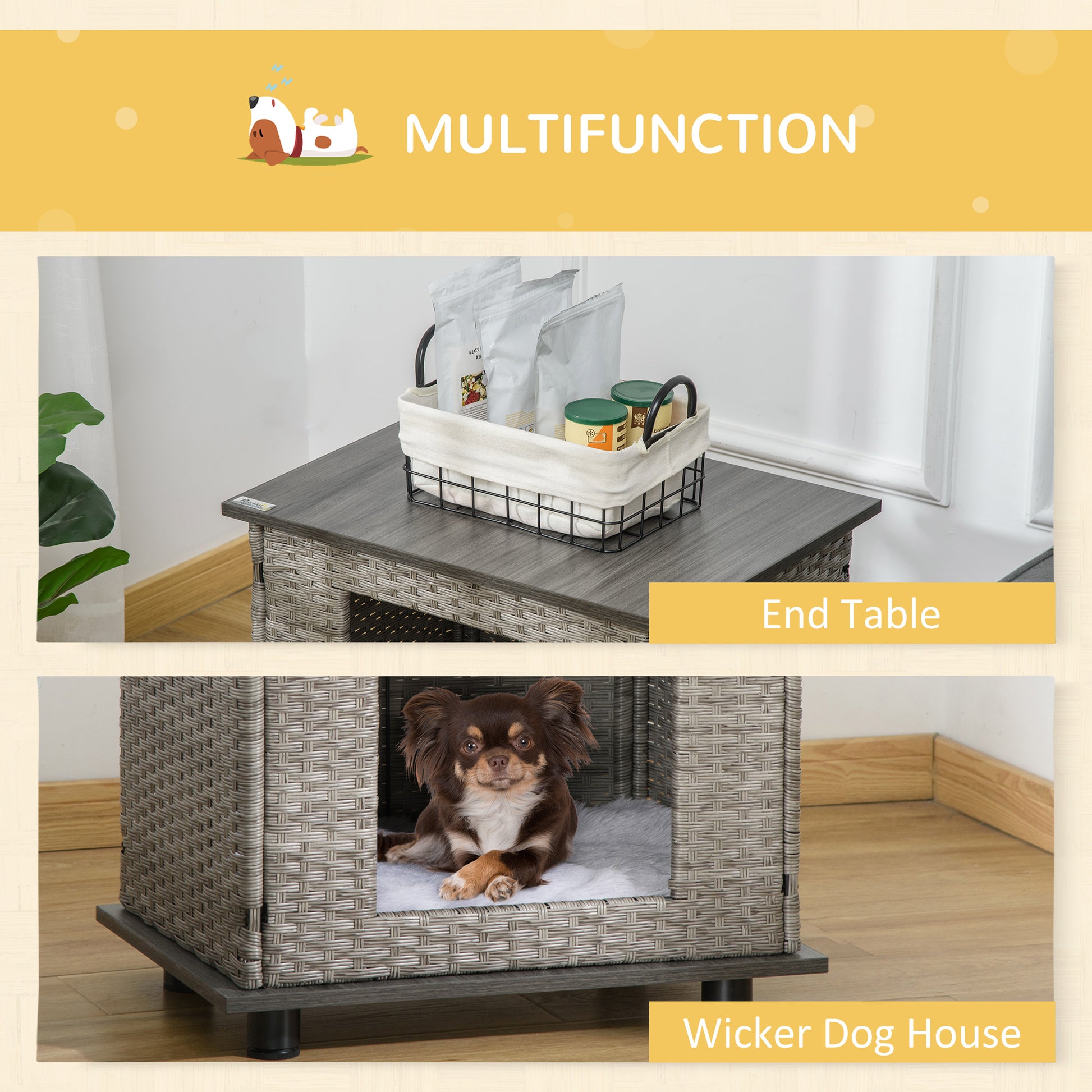 PawHut Wicker Dog House Rattan Pet Bed End Table Furniture with Soft Cushion Adjustable Feet for X-Small Dogs