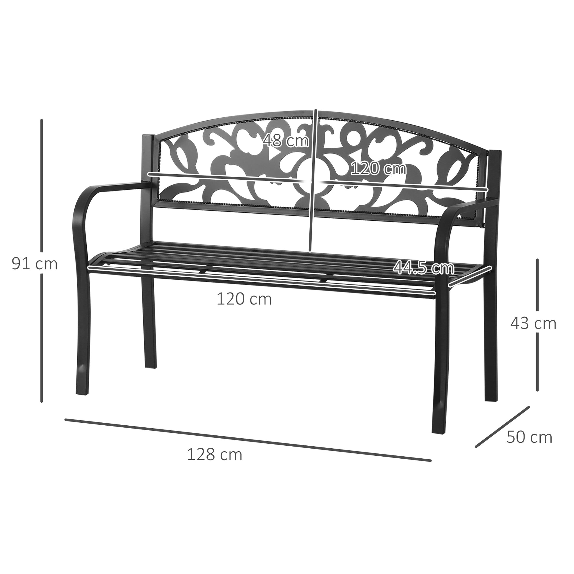 Outsunny Metal Frame Bench 128Lx50Wx91H cm Net Weight 12Kg-Black