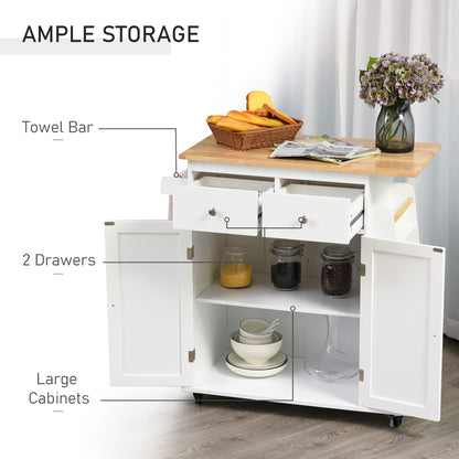 Homcom Kitchen Island Storage Cabinet Rolling Trolley with Rubber Wood Top