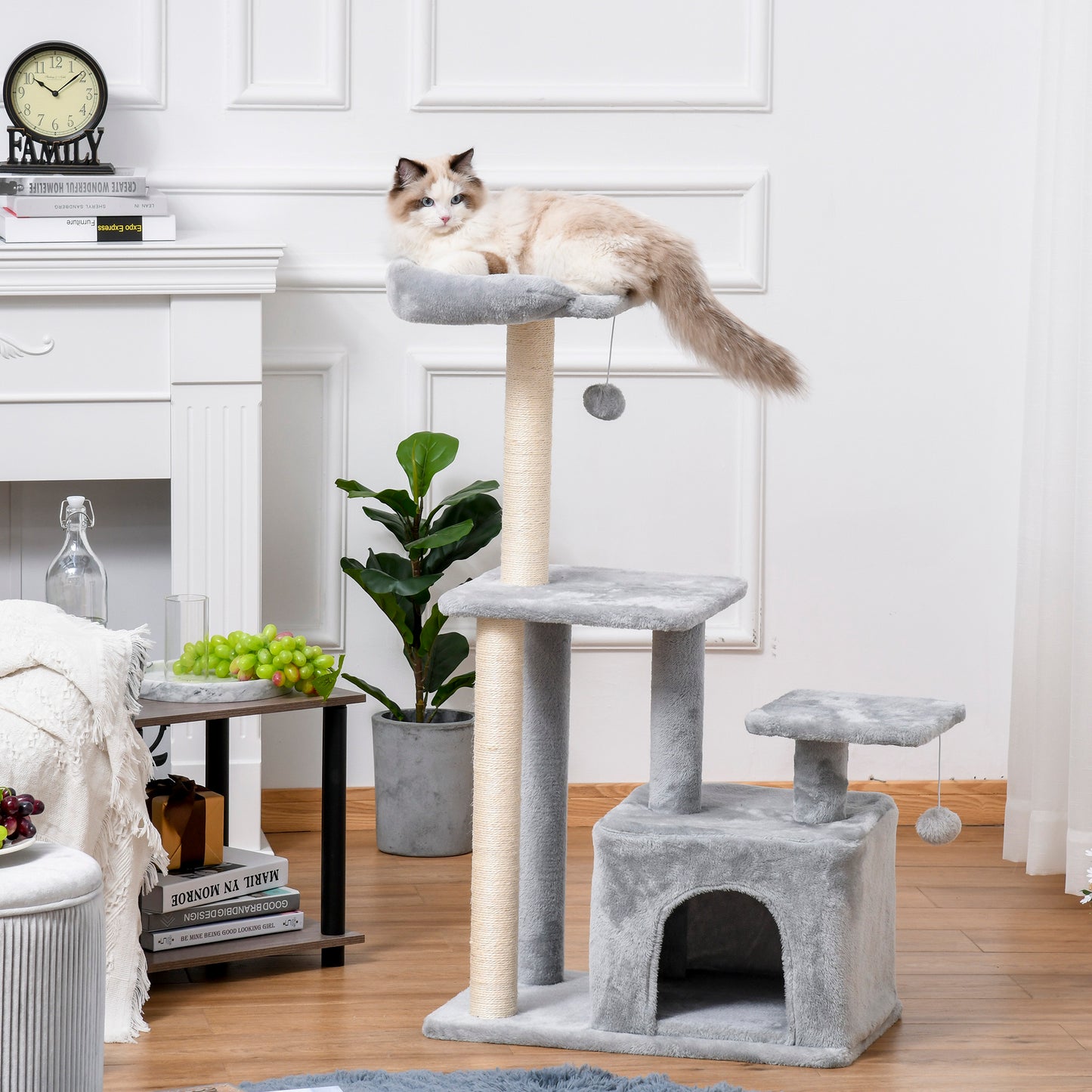 PawHut Cat Tree Tower for Indoor Cats 114cm Climbing Activity Centre Kitten with Sisal Scratching Post Perch Hanging Ball Condo Toy Light Grey