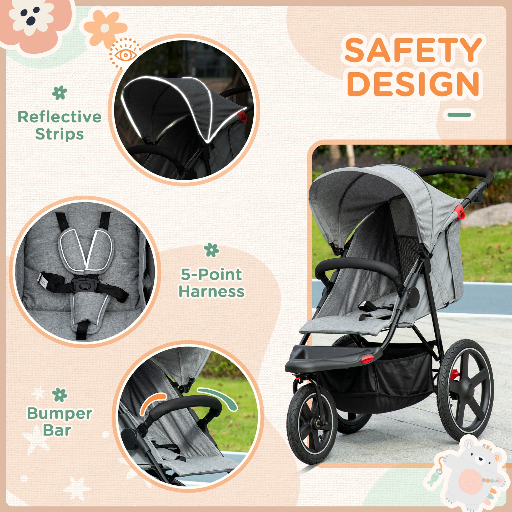 Homcom Foldable Three-Wheeler Baby Stroller w/ Canopy