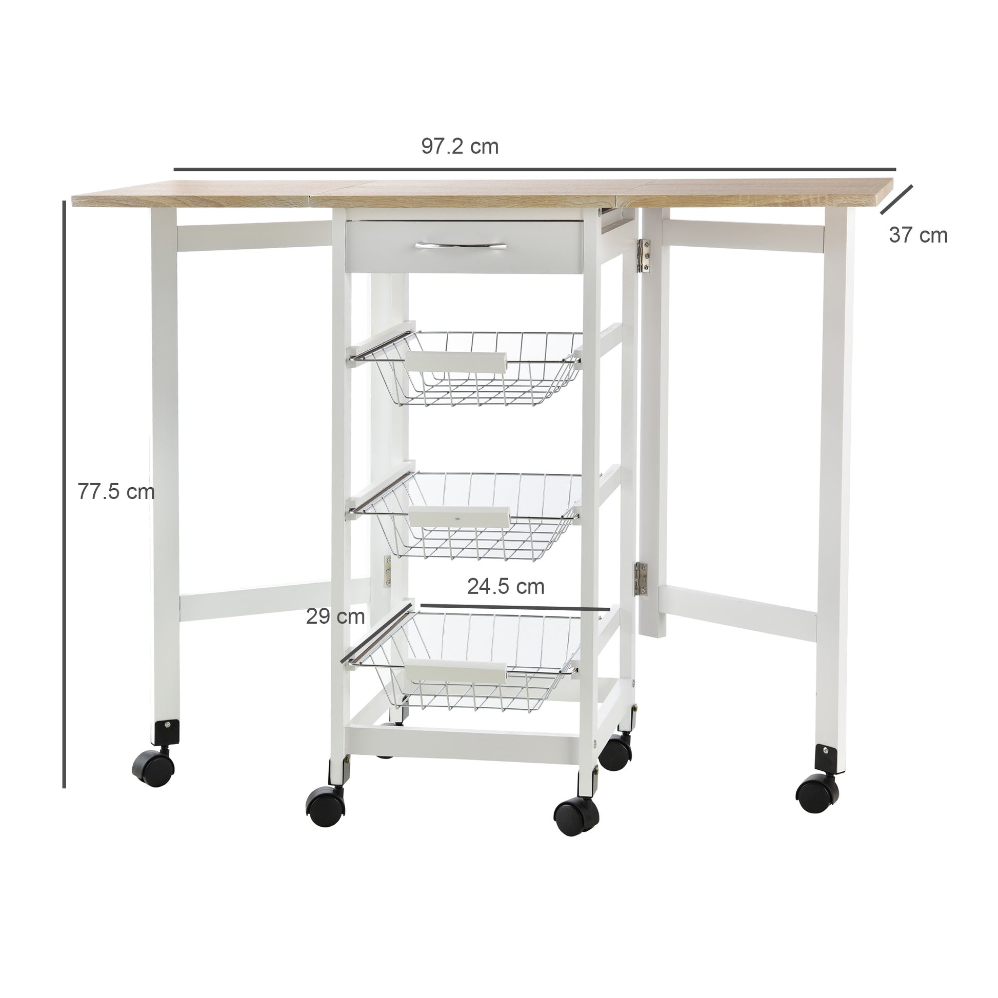 Homcom Drop-Leaf Kitchen Cart Trolley w/ 3 Baskets Drawer Surface Top 6 Universal Wheels Rolling Storage Unit Kitchen Home Dining Island White Oak Tone