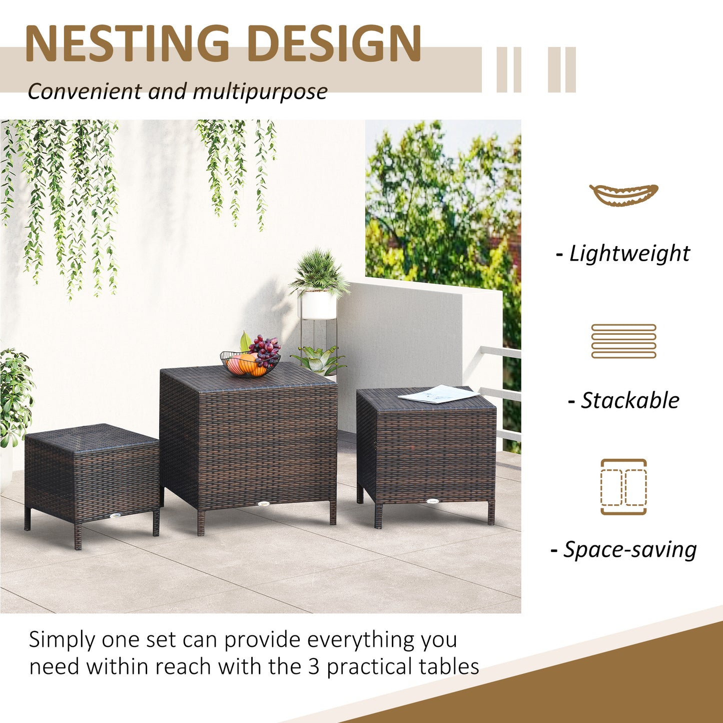 Outsunny 3 Pcs Rattan Nesting Tables Set-Brown