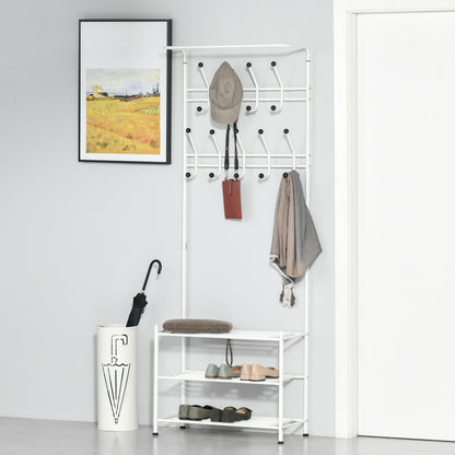 Homcom 18 Hook Metal Frame Hallway Coat Hanger w/ 3-Tier Shoe Storage White