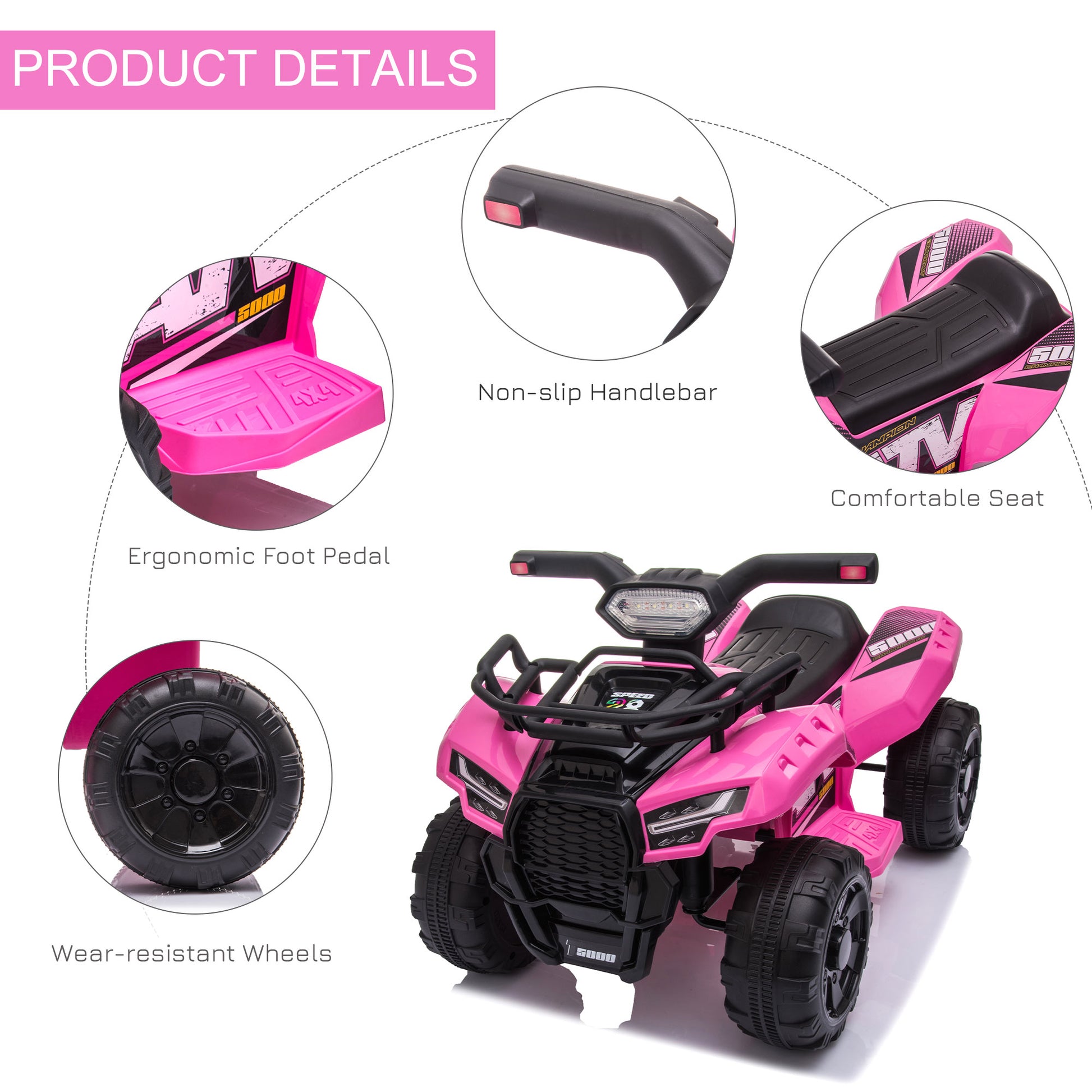 Homcom 6V Kids Electric Ride on Car Toddlers Quad Bike ATV Toy With Music for 18-36 months Pink