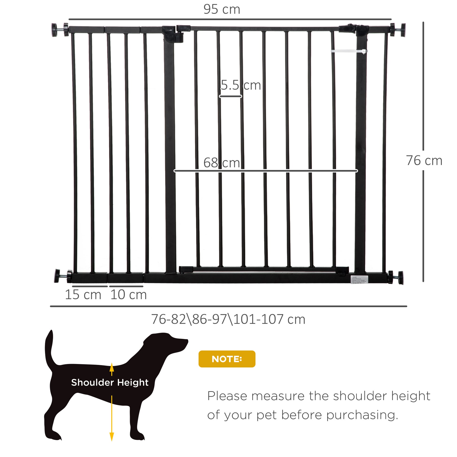 PawHut Pressure Fitted Pet Dog Safety Gate Metal Fence Extending 76-107cm Wide