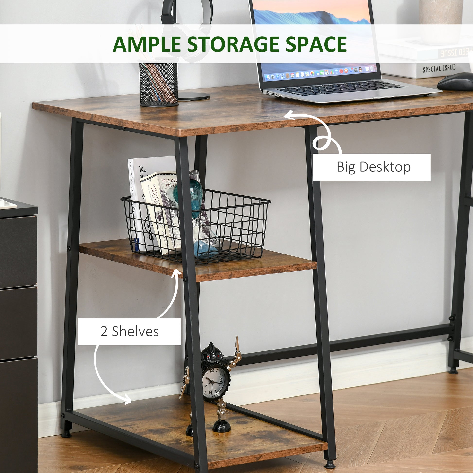 Homcom Writing Desk Working Station Home Office Table with 2 Shelves Steel Frame