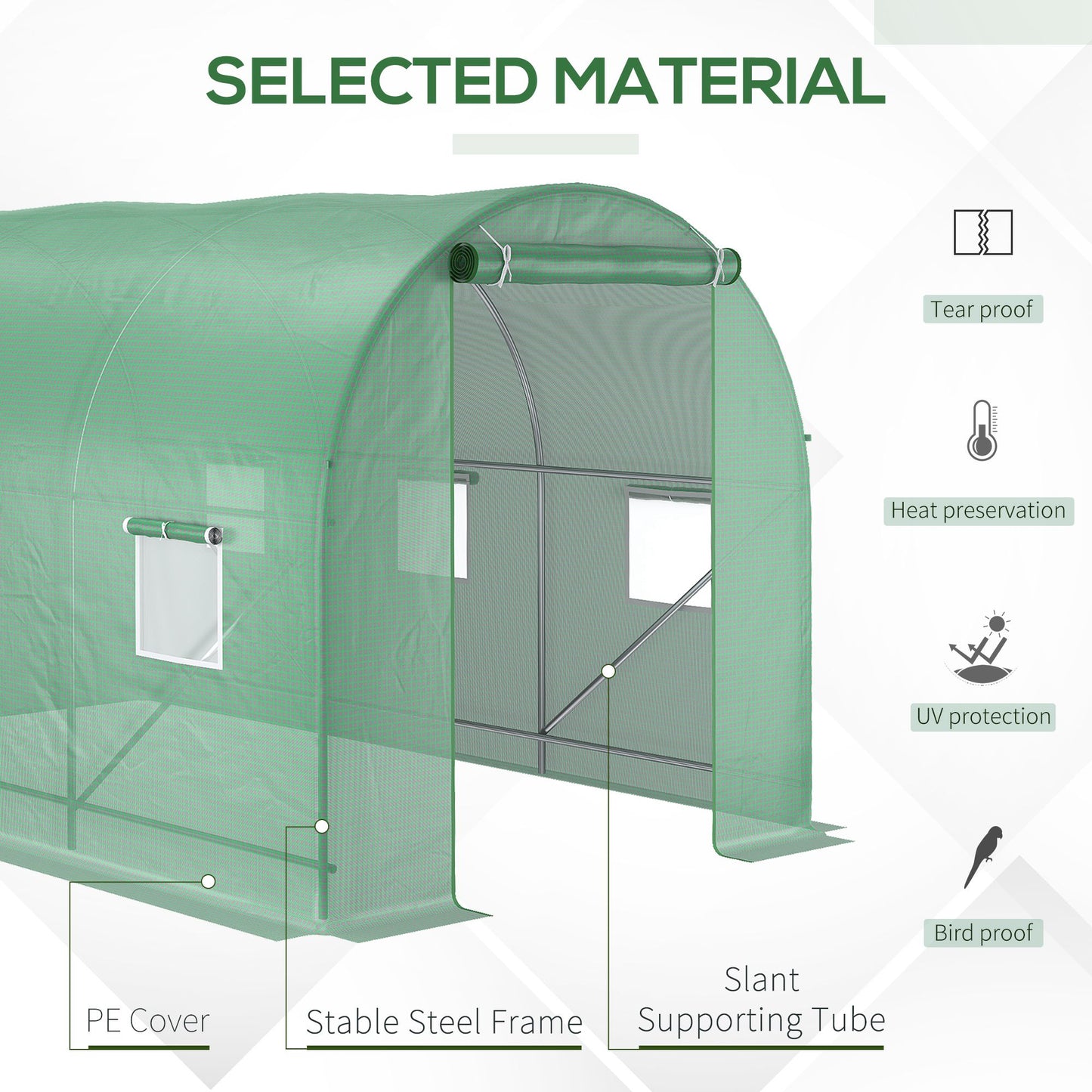 Outsunny 3.5 X 2M Walk-In Polytunnel Greenhouse With Steel Frame Pe Cover Roll-Up Door And 6 Windows Green