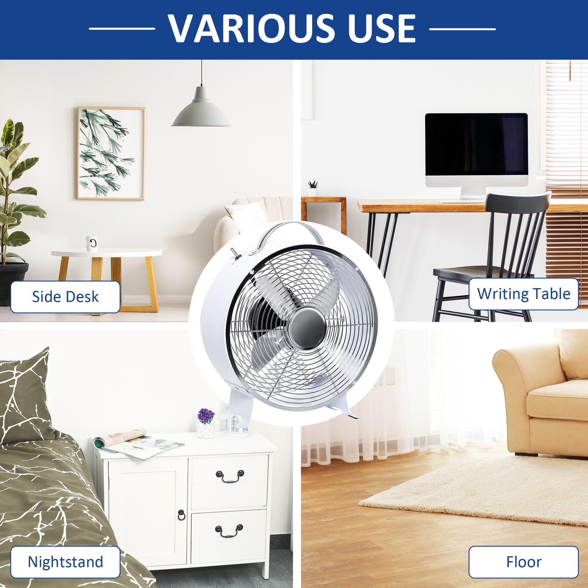 Homcom 26cm 2-Speed Electric Table Desk Fan w/ Safety Guard Anti-Slip Feet Portable Personal Cooling Fan Home Office Bedroom White