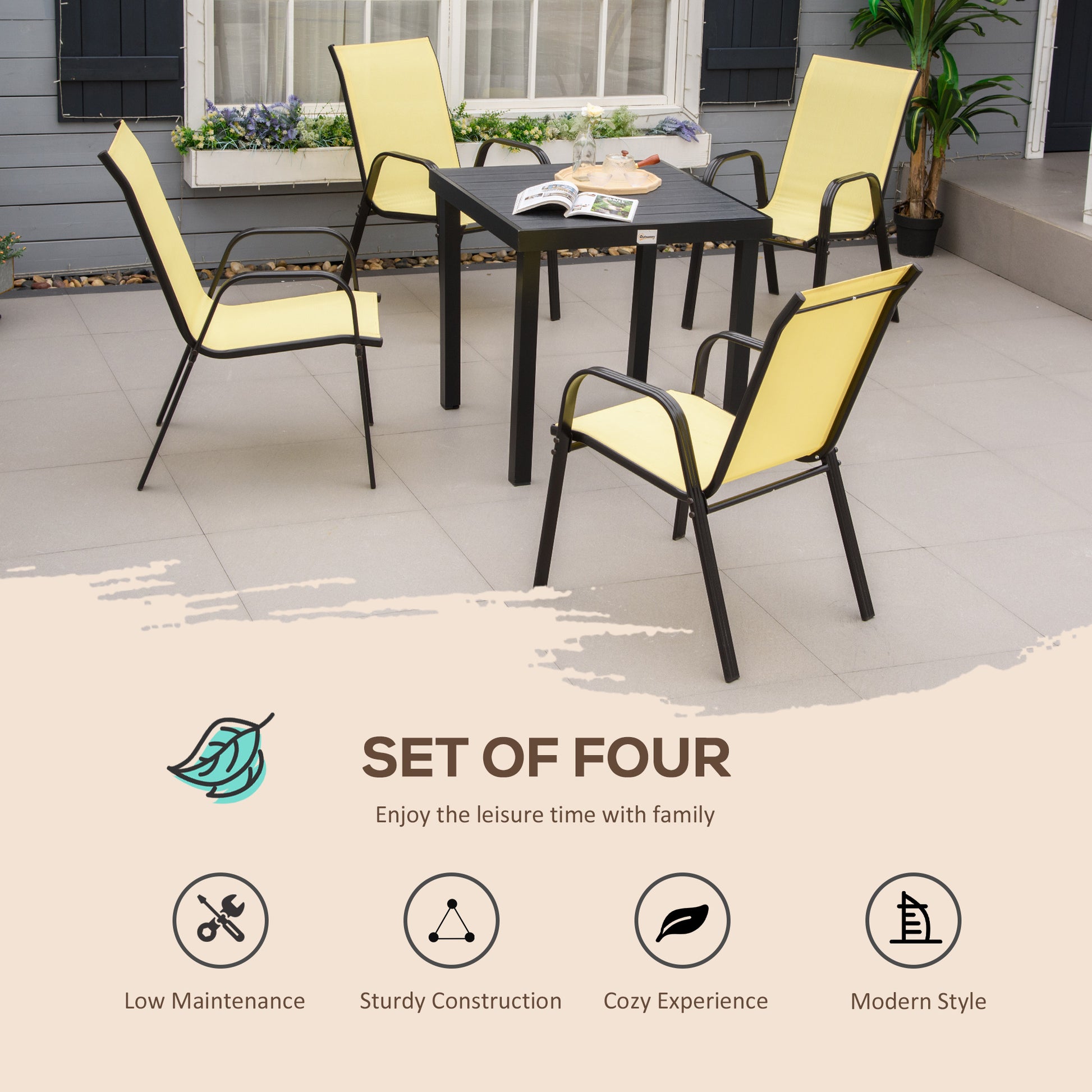 Outsunny Set of 4 Garden Dining Chair Set Stackable Outdoor Patio Furniture Set with High Back and Armrest