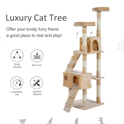 PawHut 170cm Cat Tree Kitten Kitty Scratcher Post Climbing Tower Activity Center House-Cream