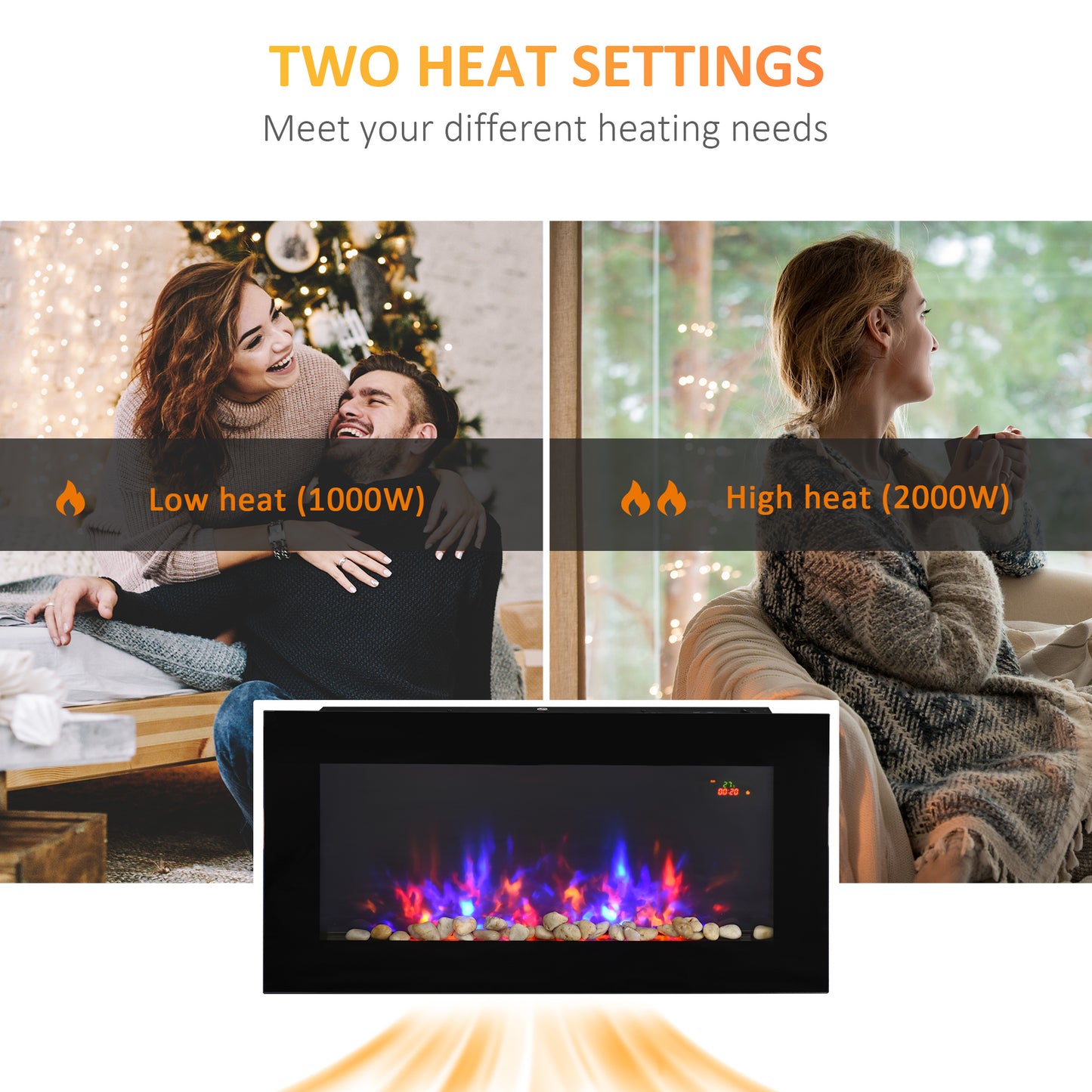 Homcom 2000W Wall Mounted Tempered Large LED Flat Glass Electric Fireplace Heater Black