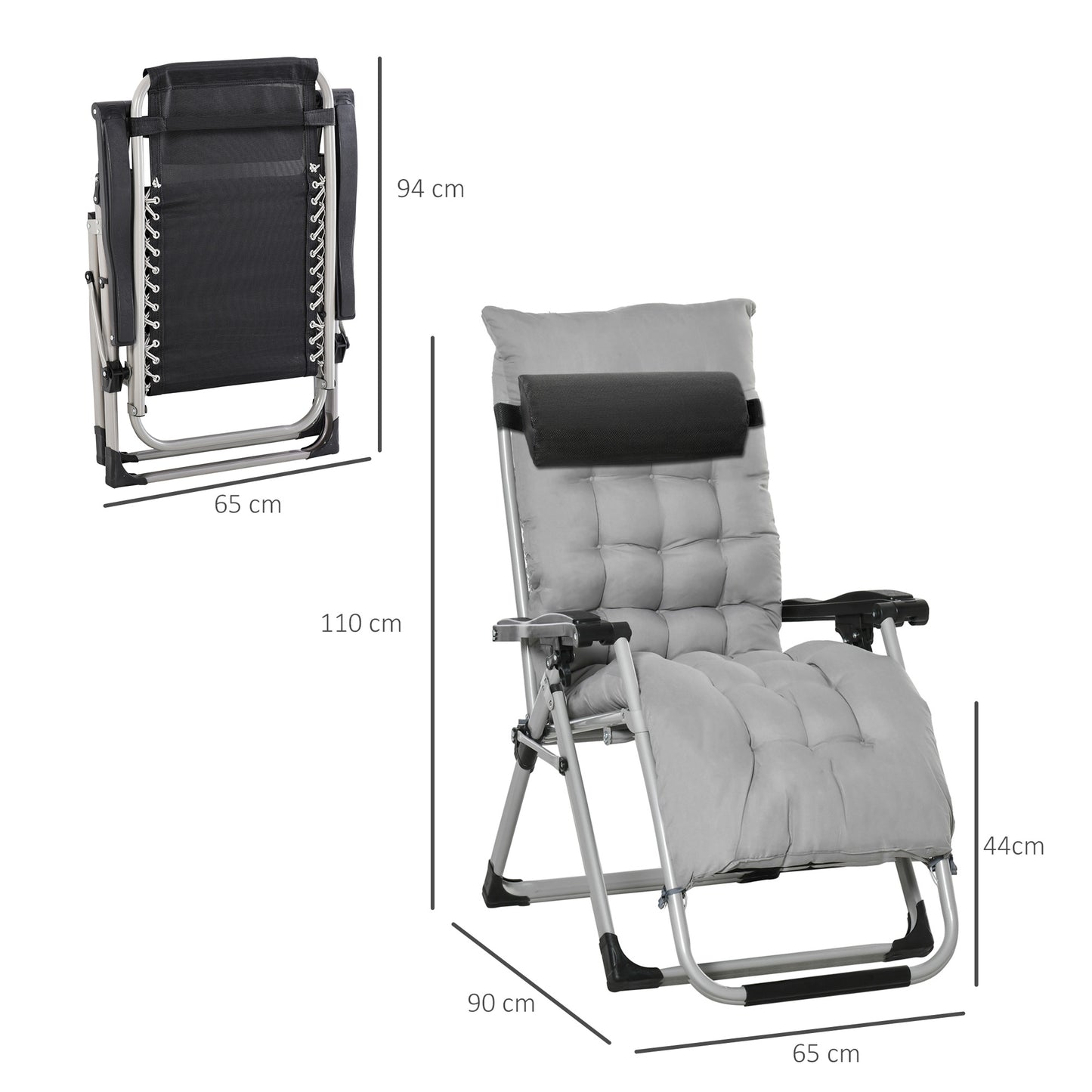 Outsunny 2 Piece Reclining Zero Gravity Chair Metal Frame Folding Garden Sun Lounger with Cushion Headrest Light Grey