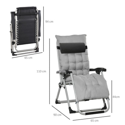 Outsunny 2 Piece Reclining Zero Gravity Chair Metal Frame Folding Garden Sun Lounger with Cushion Headrest Light Grey