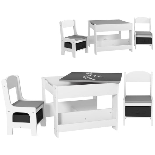 Three-Piece Kids Table and Chair Set with Blackboard, Storage, Bookshelves - Grey-0