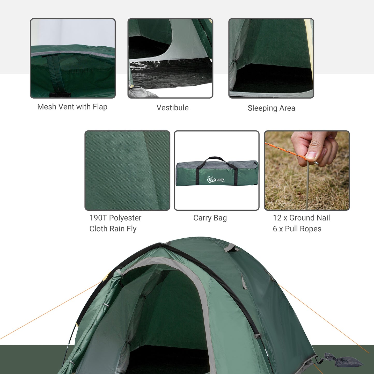 Outsunny Dome Tent for 3-4 Person Family Tent with Large Windows Waterproof Green