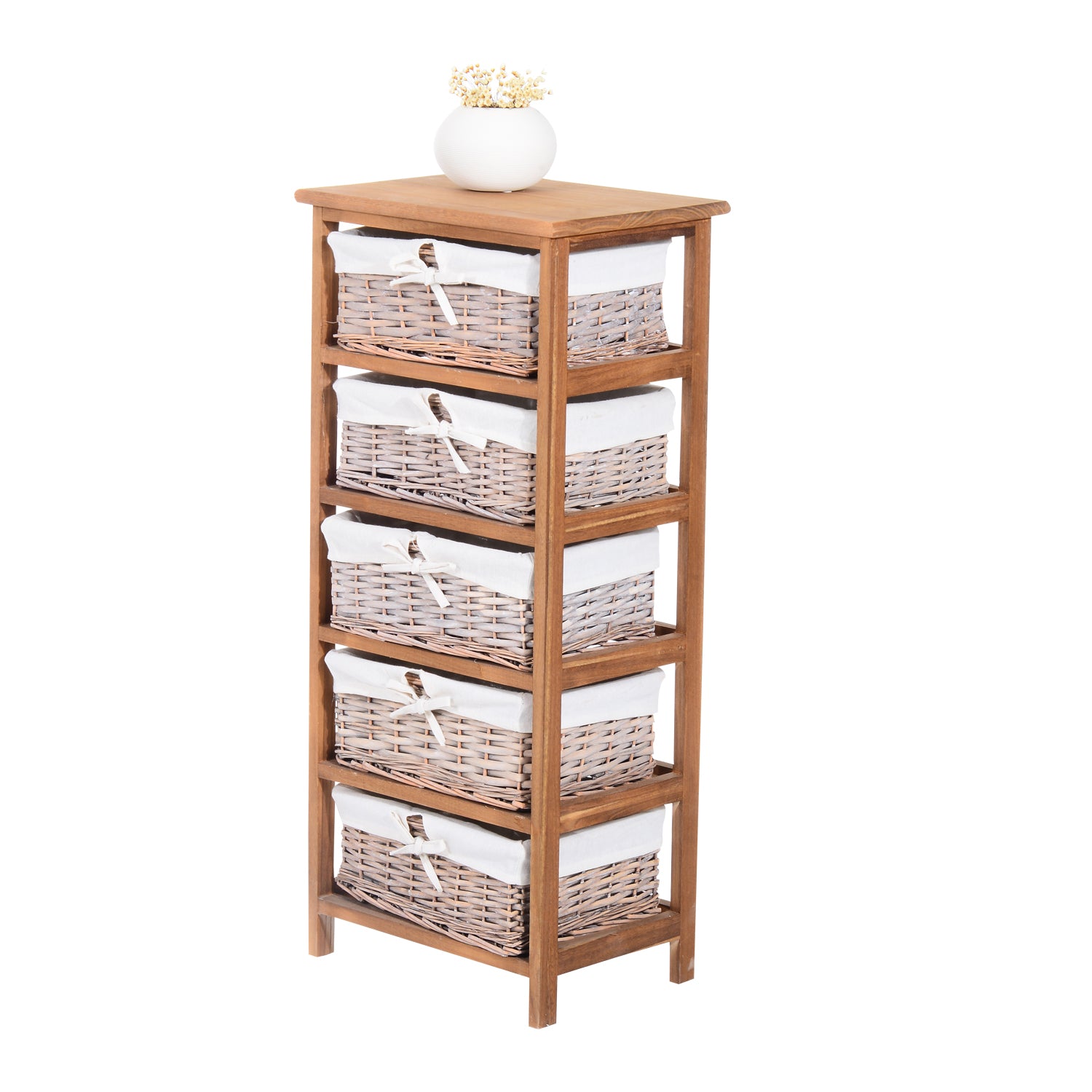 Homcom 5 Drawer Dresser Wicker Basket Storage Shelf Unit Wooden Frame Home Organisation Cabinet Bedroom Office Furniture Natural Finish 90x40cm