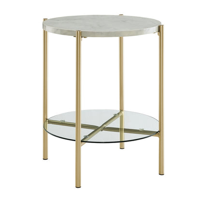 Deco Circular Side Table Gold and White 1 Shelf