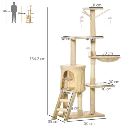 PawHut Cat Scratching Post 5-tier Tall Beige Condo Kitty Activity Centre Scratcher Climbing Tree with Toys Beige