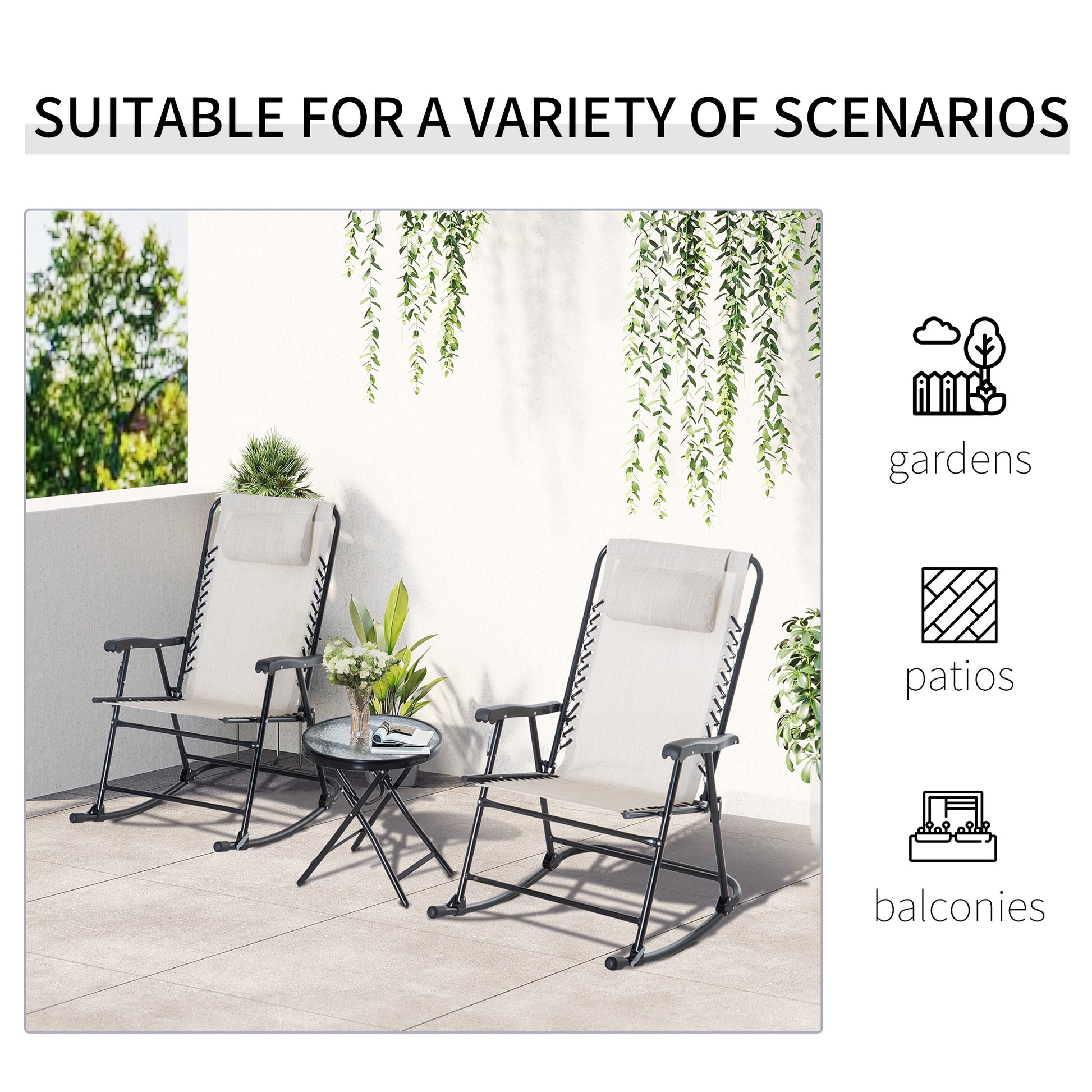 Outsunny 3 Piece Outdoor Rocking Set With 2 Folding Chairs And 1 Tempered Glass Table