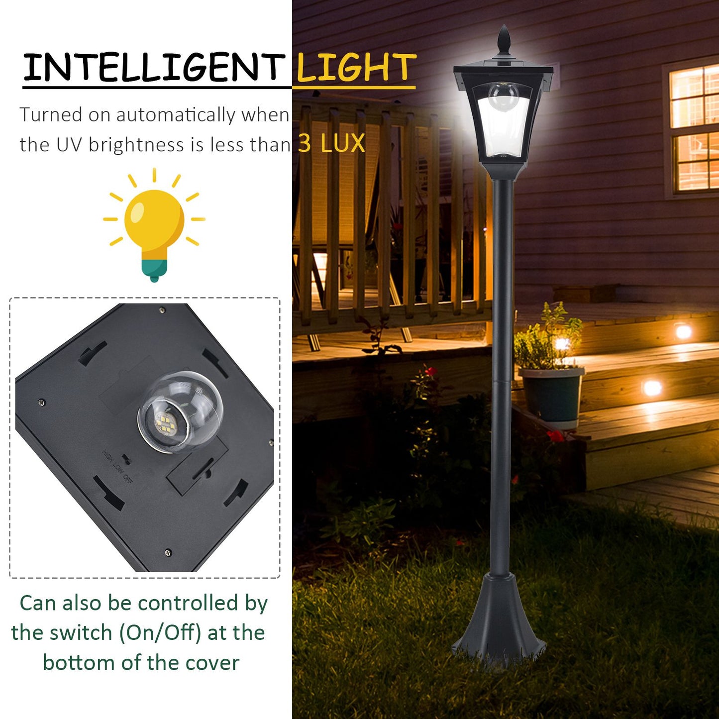 Outsunny Outdoor Garden Solar Post Lamp Sensor Dimmable LED Lantern Bollard Pathway 1.6M Tall  Black