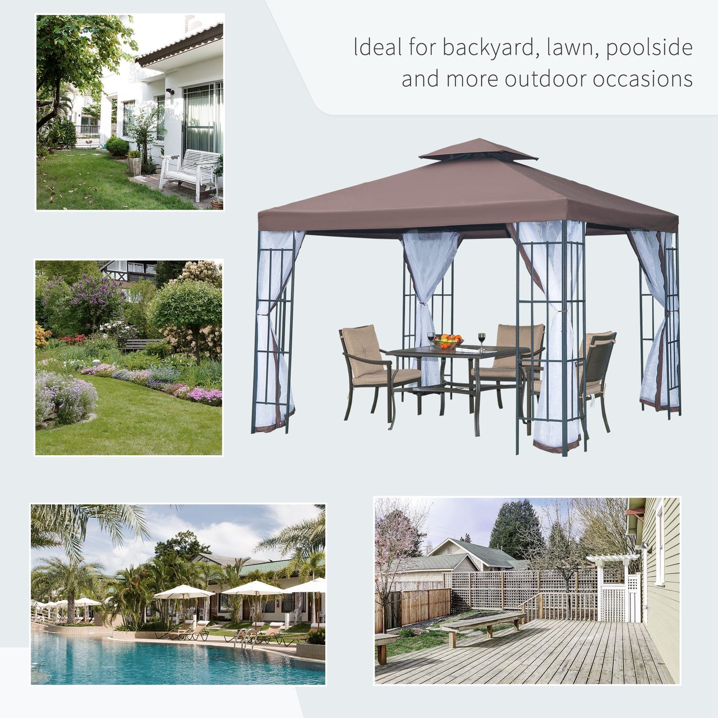 Outsunny 3 x 3(m) Patio Gazebo Canopy Garden Pavilion Tent Shelter with 2 Tier Roof and Mosquito Netting