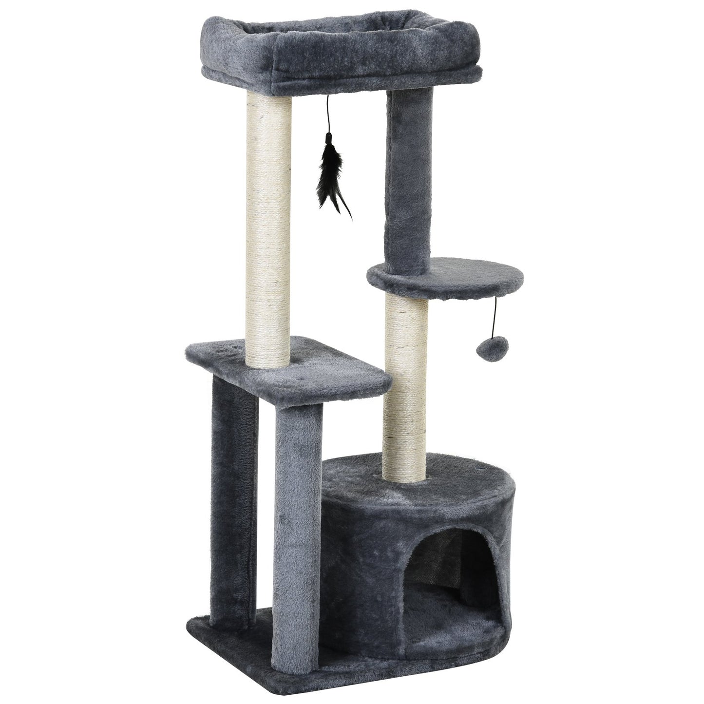 PawHut Cat Tree for Indoor Cats Kitten Tower w/ Perch House Scratching Post Platform Play Ball Plush Covering Play Rest Relax Grey White