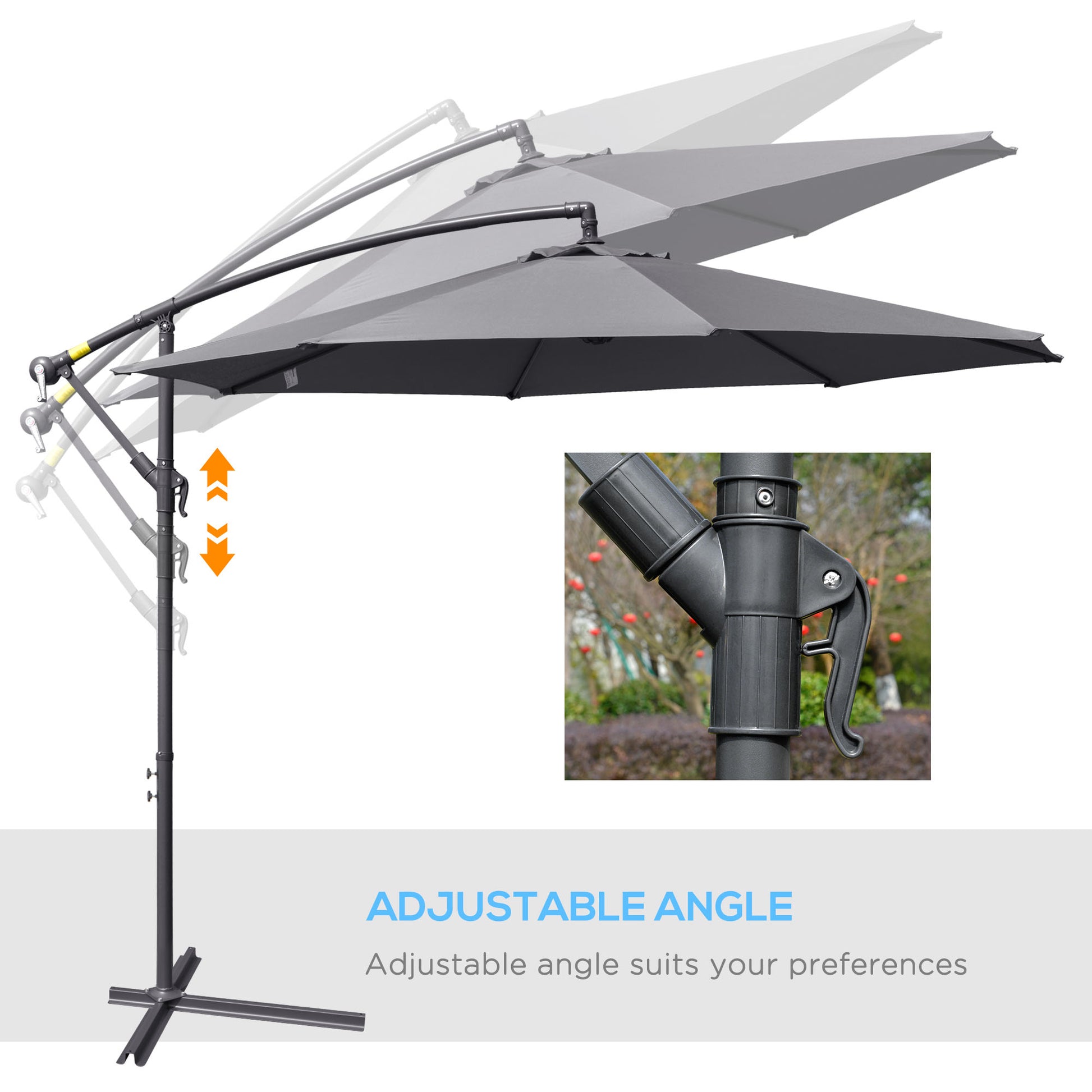 Outsunny 3(M) Garden Parasol Sun Shade Patio Banana Hanging Umbrella Cantilever With Crank Handle And Cross Base Grey