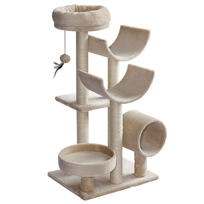 PawHut 50Lx40Wx105H cm Cats 6-Tier Scratch Tree w/ Dangle Toy Beige