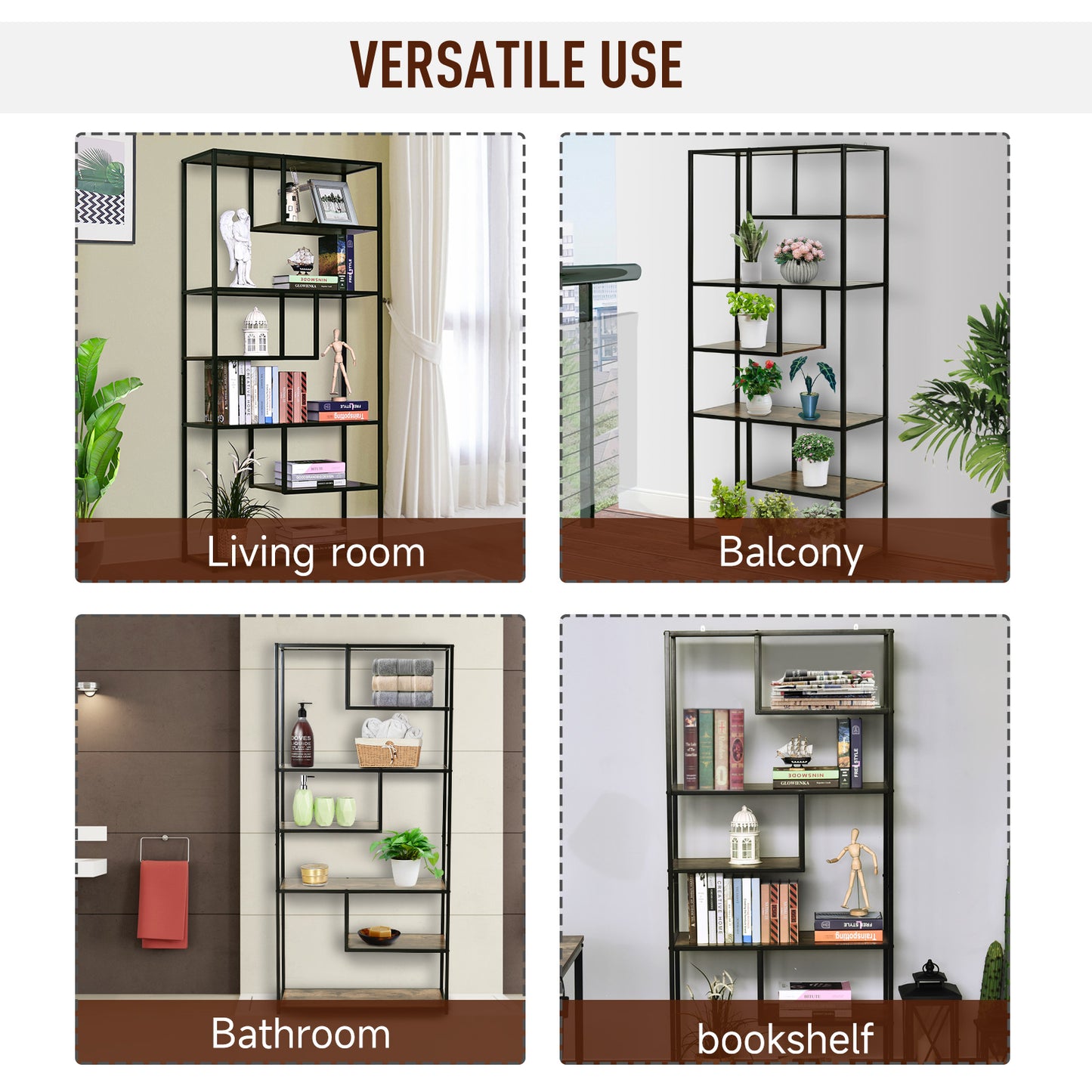 Homcom Wood Shelf Bookcase Industrial Style Stand 6-Staggered Shelf Living Room Display Rack Organiser