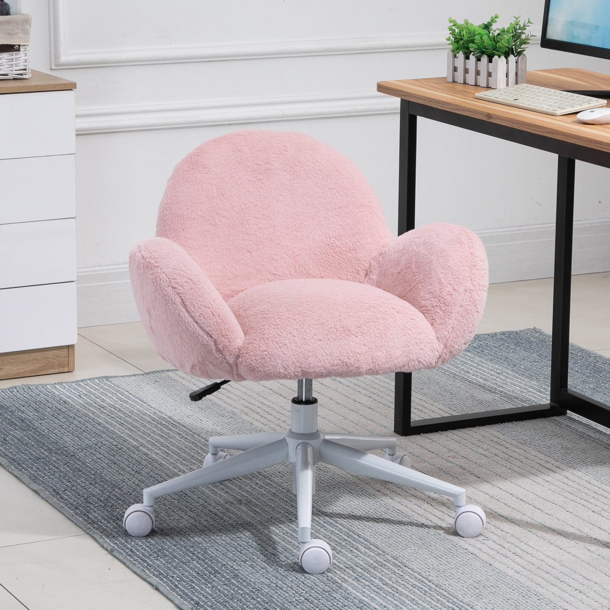 Homcom Fluffy Leisure Chair Office Chair with Backrest and Armrest for Home Bedroom Living Room with Wheels Pink