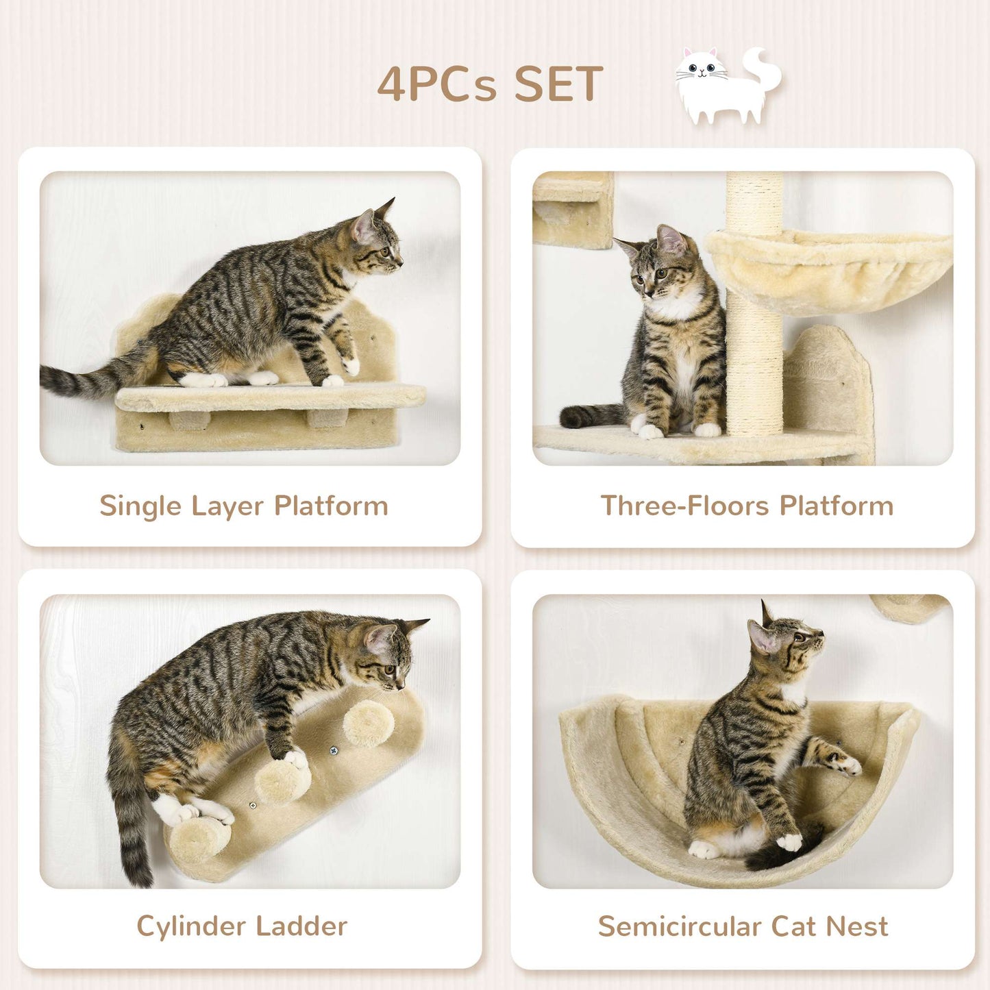 PawHut 4PCs Wall-Mounted Cat Shelves w/ Scratching Post