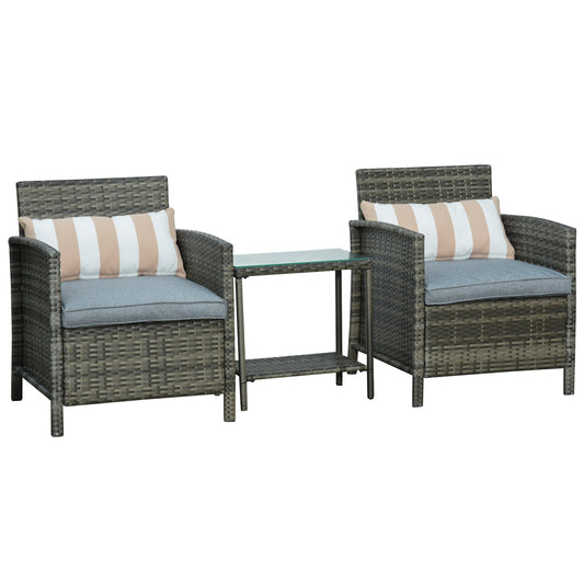 Garden Rattan Furniture 3 Pieces Patio Bistro Set Wicker Weave Conservatory Sofa Chair & Table Set with Cushion Pillow - Grey-0