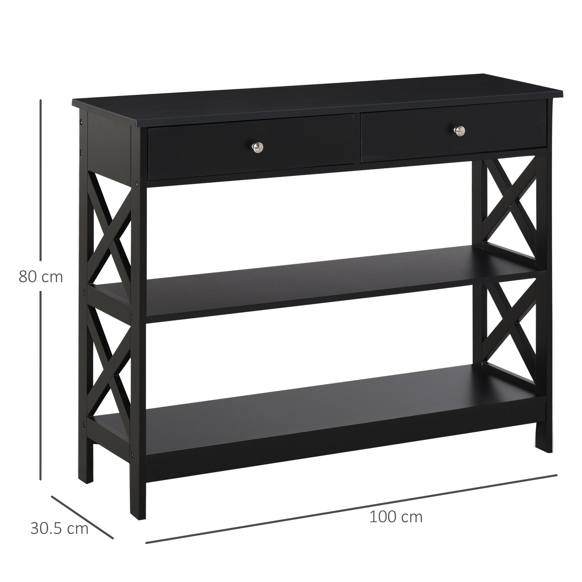 Homcom Console Table Side Desk w/ Shelves Drawers Open Top X Support Frame Living Room Hallway Home Office Furniture Black