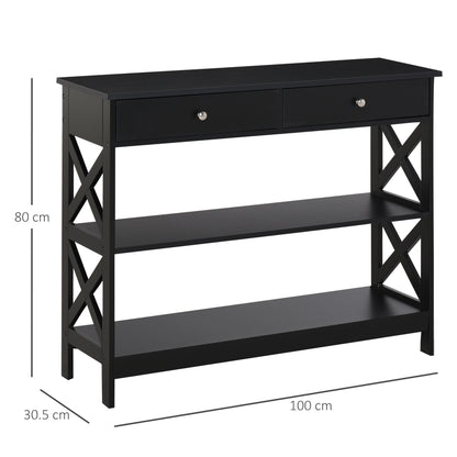 Homcom Console Table Side Desk w/ Shelves Drawers Open Top X Support Frame Living Room Hallway Home Office Furniture Black