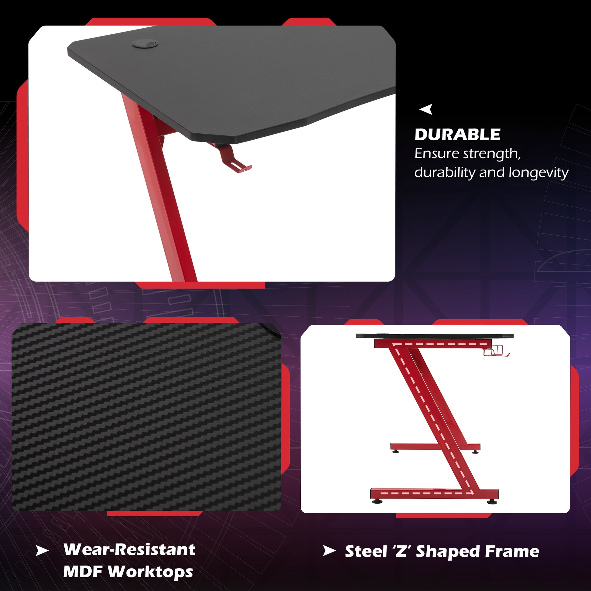 Homcom Gaming Desk Steel Frame w/ Cup Headphone Holder Adjustable Feet Cable Organiser Home Office Computer Table Red