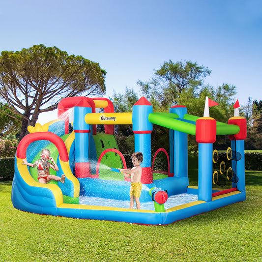 Outsunny 5 in 1 Kids Bounce Castle Large Castle Style Inflatable House Slide Trampoline Pool Water Gun Climbing Wall with Inflator Carrybag Patches for Kids Age 3-8